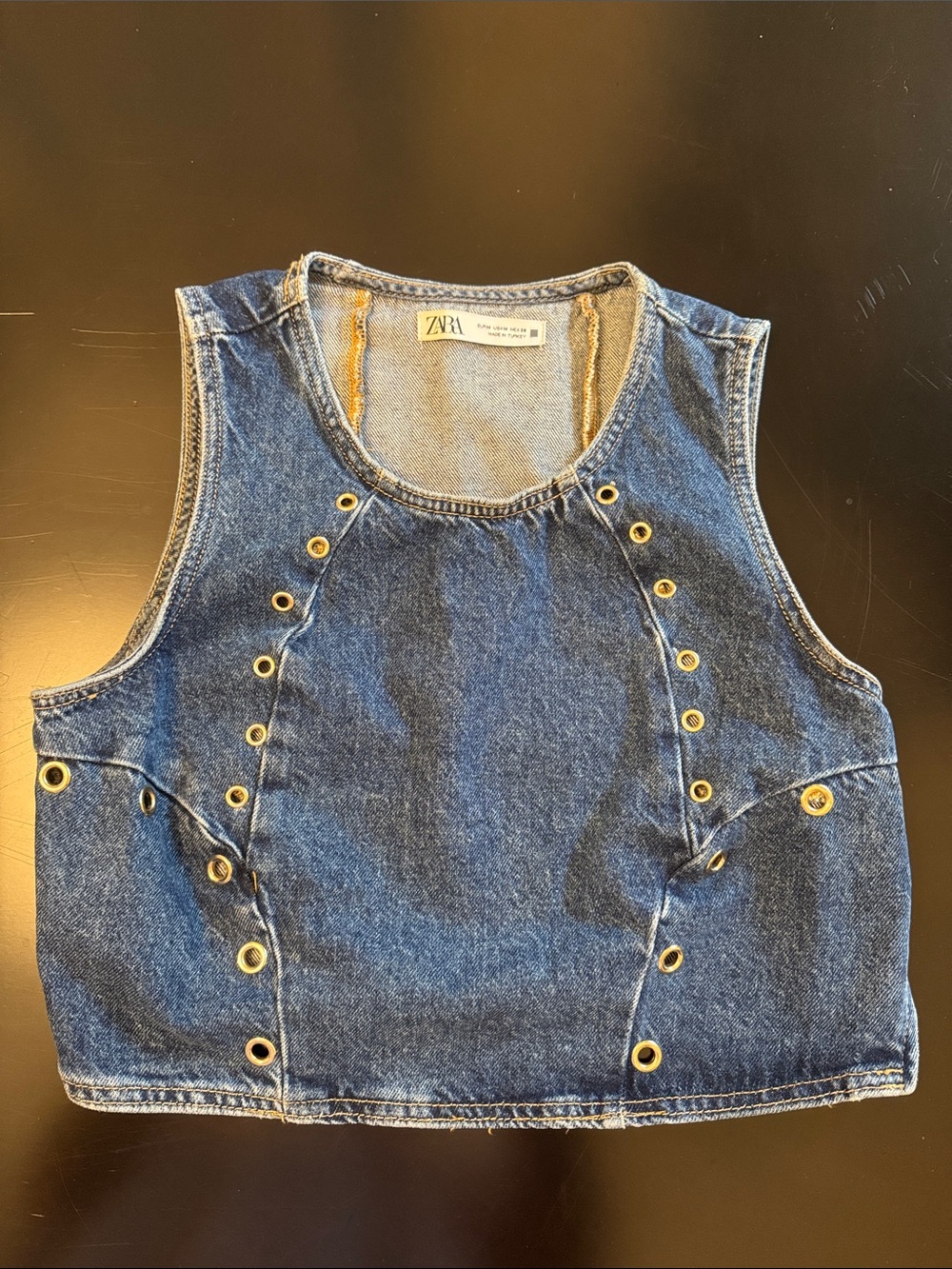 Zara Denim Crop Tank Top - Blue with Gold Hardware